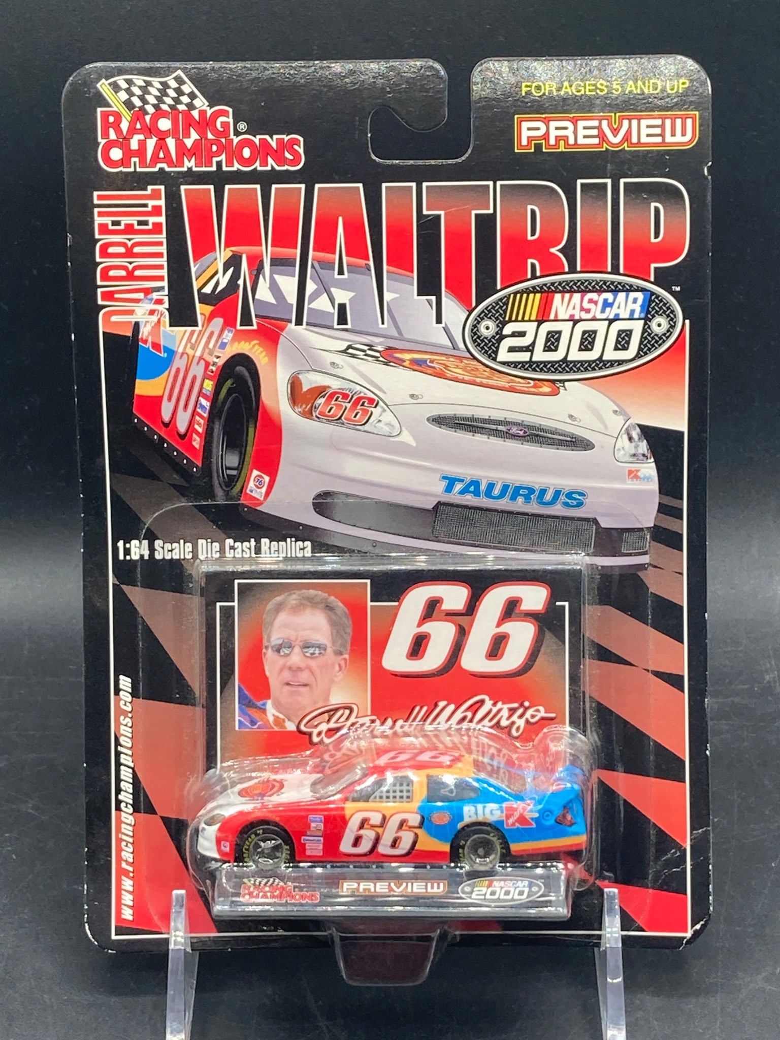 Racing Champions 1/64 NASCAR 2000 Darrell Waltrip Stock Car Die Cast: This is a 1/64 scale Racing Champions die-cast stock car, commemorating Darrell Waltrip's 2000 NASCAR preview model. The model represents the No. 66 car featuring sponsorship decals, authentic color s