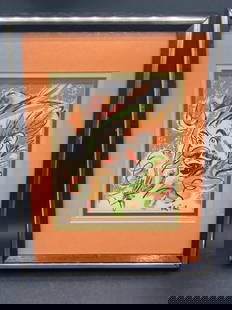 Vintage Bily Snel MCM Clown Print, Matted and Framed: This is a mid-century modern print by Bily Snel, depicting a colorful clown. The artwork is matted and framed, measuring approximately 10 inches by 13 inches with the frame included. The piece shows s