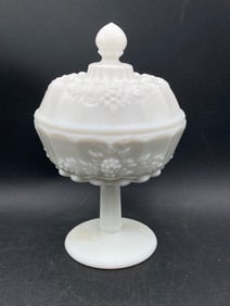 Westmoreland Milk Glass Grapes and Leaves Covered Candy Dish