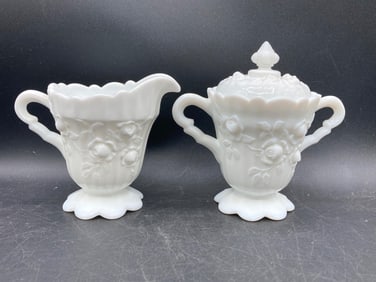 Milk Glass Roses Creamer & Sugar Bowl Set with Lid