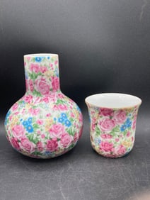 Porcelain Floral Bottle and Cup Set