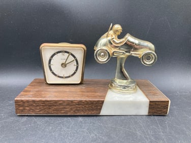 Florn Table Clock with Racing Car Trophy on Marble Base