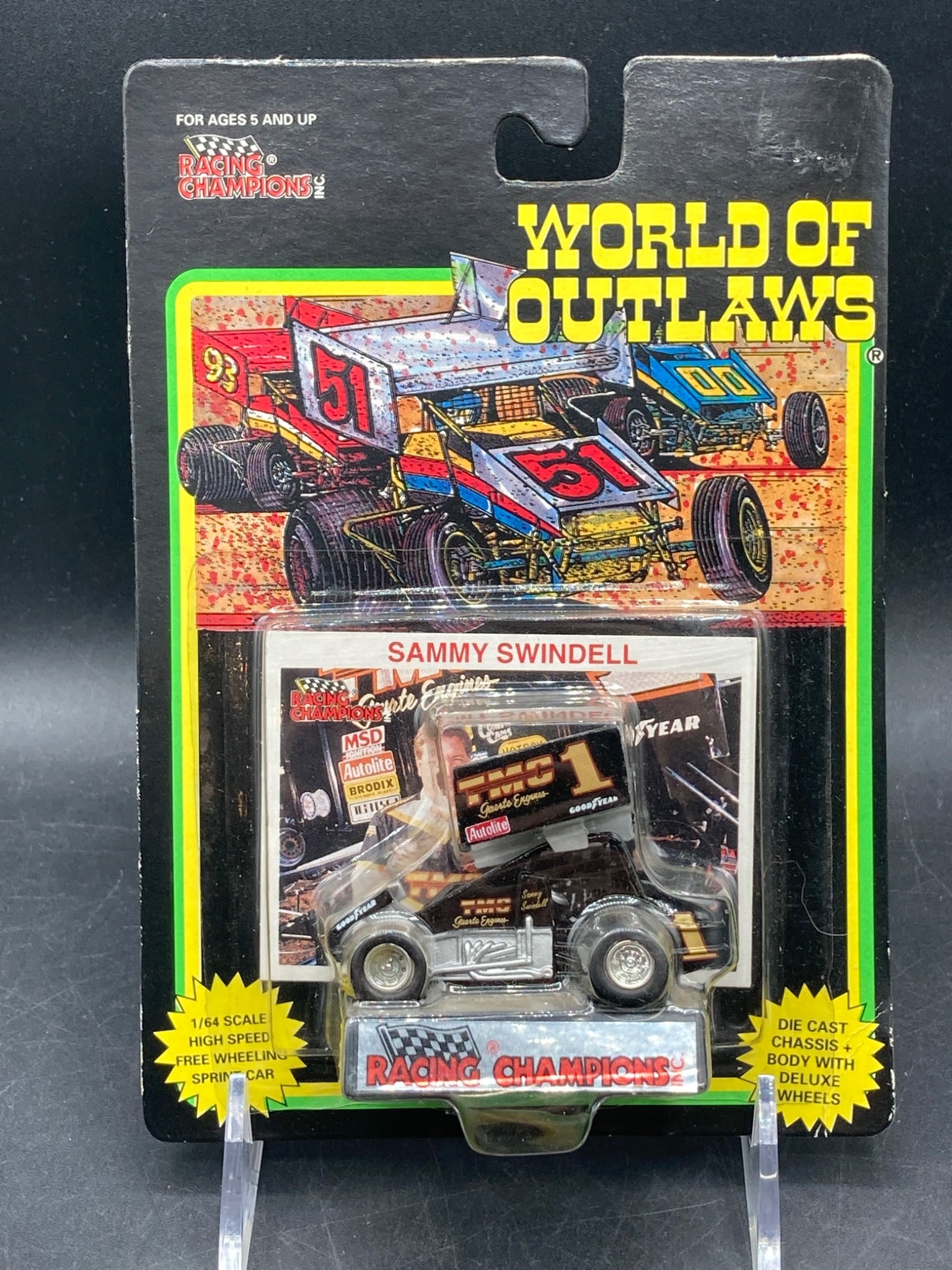 Racing Champions 1/64 World Of Outlaws Sammy Swindell Sprint Car Die-Cast: This 1/64 scale die-cast model by Racing Champions features Sammy Swindell's Sprint Car from the World of Outlaws series. The item retains its original packaging, showcasing detailed graphics and prod