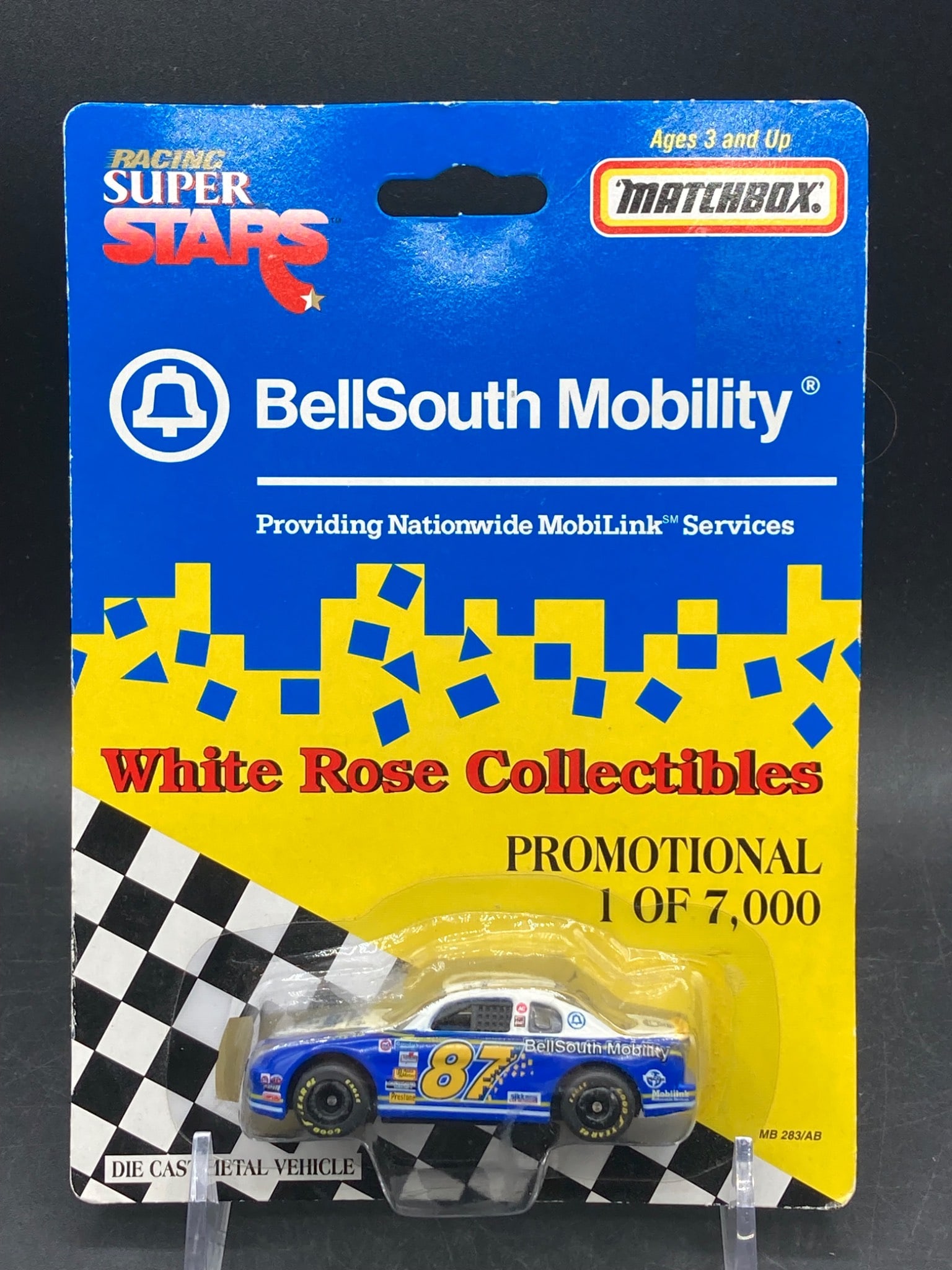 1994 Matchbox Super Stars BellSouth Mobility Promotional Die-Cast Car: This die-cast metal vehicle is a 1994 Matchbox Racing Super Stars promotional car, branded ‘BellSouth Mobility’ and numbered 87. 1:64 scale in size. It is from White Rose Collectibles and is part