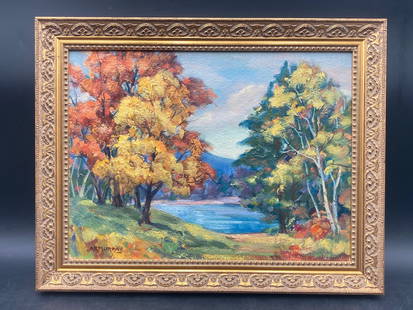 Original A.R. Murray Fall Landscape Oil Painting: This is an original painting by A.R. Murray showcasing a detailed landscape featuring autumn trees, a serene lake, and distant mountains. The artwork is signed 'A.R. Murray' in the lower left corner.