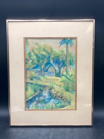 Florida Everglades Style Hand-Drawn Etching, Framed