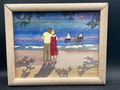 Enid Romanek Original Watercolor Painting: Original watercolor painting by artist Enid Romanek, depicting a couple embracing at a beach with sailboats in the background under a starlit sky. The work is hand-signed by the artist on the front. F