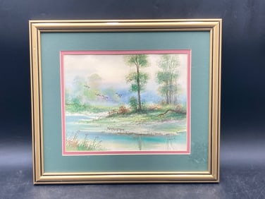 Artist Signed Marshland Watercolor Painting, Framed