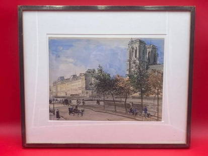 View of the Île de la Cité With Notre-Dame Cathedral, Paris by Henri Joseph Harpignies: Original "View of the Île de la Cité with Notre-Dame Cathedral, Paris" painting by Henri Joseph Harpignies with authenticity sticker. Framed 10x13" watercolor painting done circa 1860 by Henri Harpi