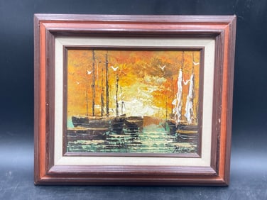 Artist Signed Nautical Landscape Oil Painting, Framed