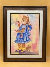 Original Pamela Bleakney Watercolor Painting of Cat in Frame