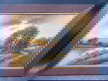 Artist Signed Mixed Media Country Sunset Landscape Painting, Framed