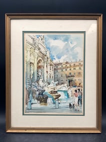 Artist Signed Roman Trevi Fountains Watercolor Print, Framed