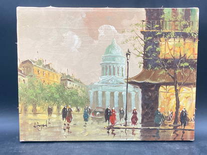 Artist-Signed Parisian Street Scene Oil Painting on Canvas: An artist-signed oil painting on canvas depicting a Parisian street scene, complete with figures and architectural details, including a dome structure reminiscent of Parisian landmarks. The signature
