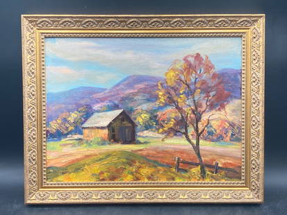 Original A.R. Murray Mountain Cabin Oil Painting: This is an original oil painting by A.R. Murray, showcasing a mountain cabin and autumnal landscape. The painting is signed by the artist on the lower left corner. It is housed in a decorative wooden