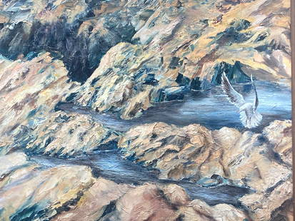 Original Penny Smith Signed Oil Painting, Framed: This is an original signed oil painting by artist Penny Smith, depicting a seagull in a rocky coastal setting. The painting features detailed textures and vibrant oil color applications. It is mounted