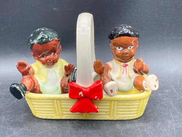 Japanese Black Americana Babies Porcelain Salt and Pepper Shaker Set with Basket Holder