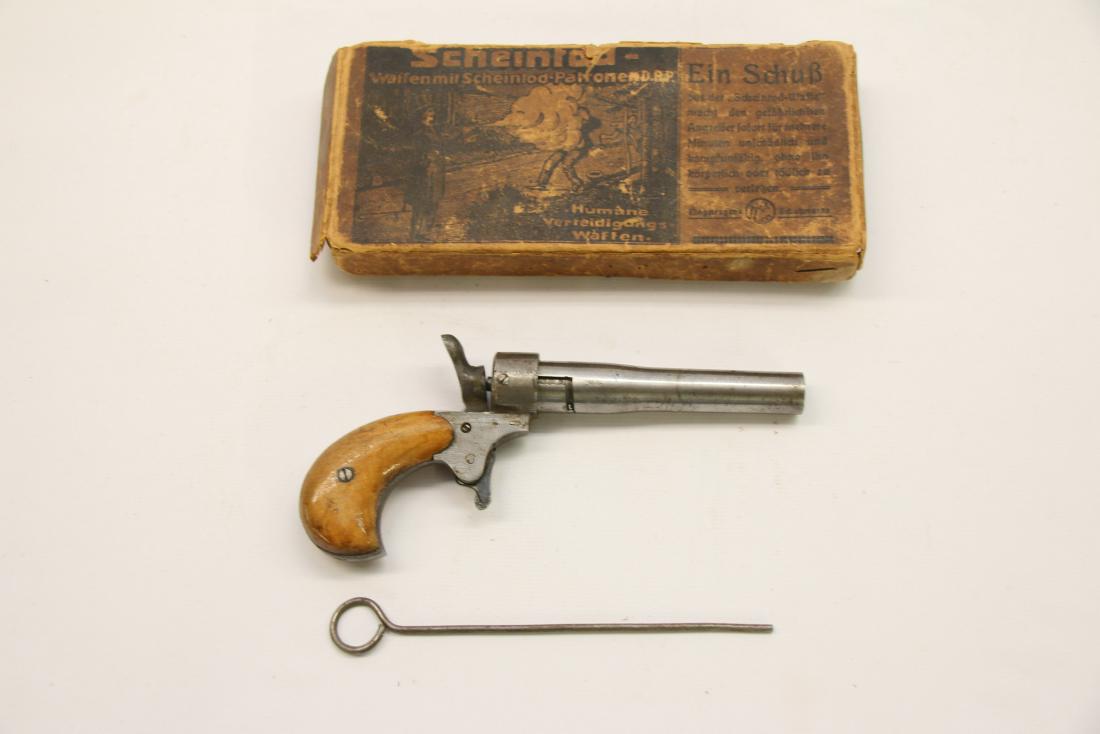 GERMAN PISTOL IN ORIGINAL BOX: 12MM - WITH CLEANING ROD - WITH (CROWN U PROOF MARK )