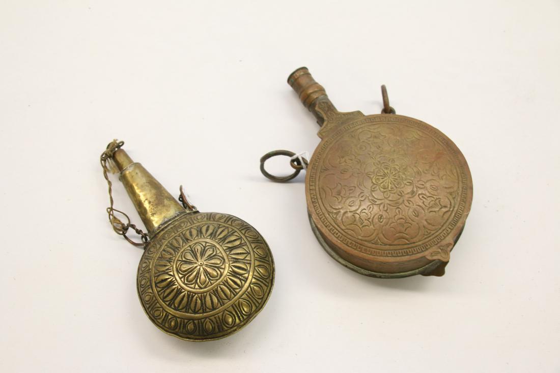 PR. FANCY ORNATE BRASS POWDER FLASKS
