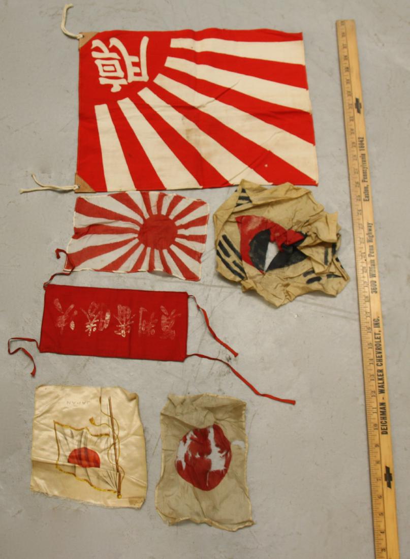WWII ERA JAPANESE AND CHINESE FLAG LOT: 6 FLAGS TOTAL