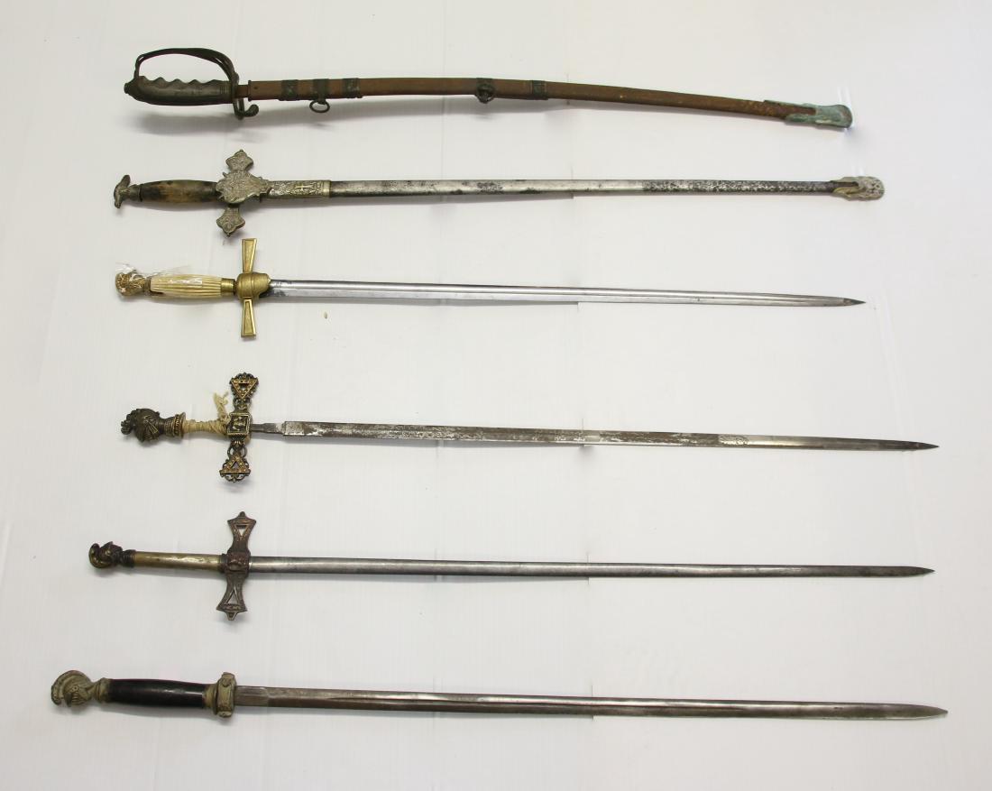 LOT OF (6) FRATERNAL SWORDS: IN AS FOUND CONDITION - MISC. FRATERNAL ND MASONIC - ONE SWORD 32ND DEGREE MASONIC - KNIGHTS OF COLUMBUS