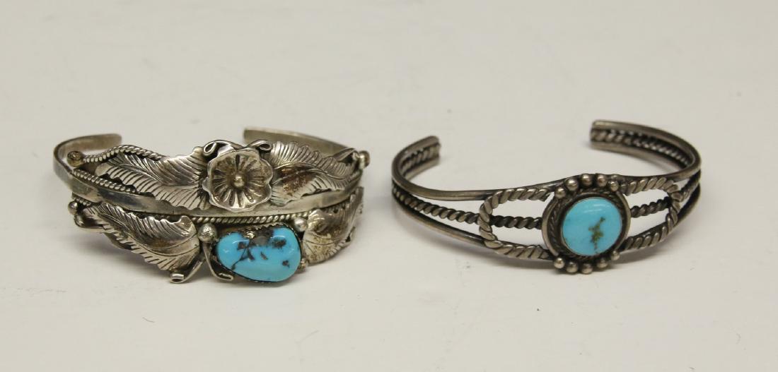 (2) STERLING SILVER NATIVE AMERICAN CUFF BRACELET'S: LEAF DESIGN AND TURQUOISE SIGNED "JOHN MIKE" - FLATTENED ROPE DESIGN AND TURQUOISE DIMENSIONS: