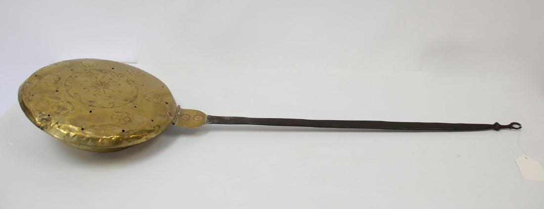 BRASS AND IRON BED WARMER: HAND WROUGHT DIMENSIONS: 40"