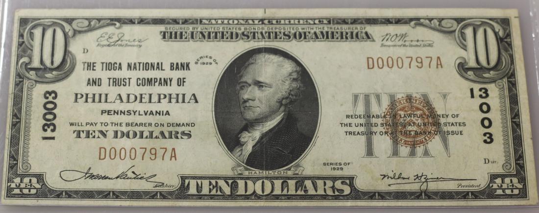 $10.00 FEDERAL RESERVE NOTE: THE TIOGA NATIONAL BANK AND TRUST COMPANY OF PHILADELPHIA, PA - SERIES OF 1929 - SER# D000797A