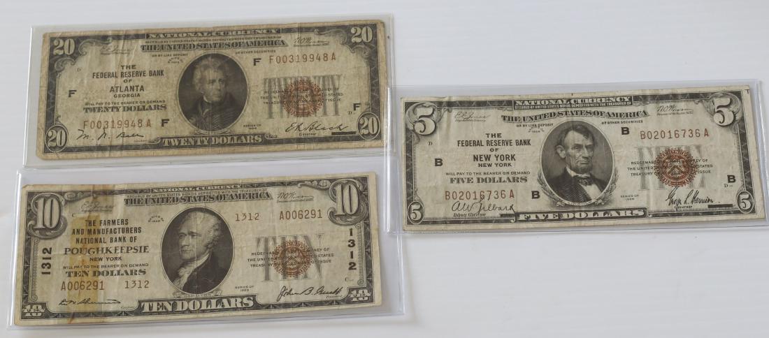 NATIONAL CURRENCY LOT: NATIONAL CURRENCY LOT $5.00 THE FEDERAL RESERVE BANK OF NEW YORK, NEW YORK - $10.00 THE FARMERS AND MANUFACTURERS NATIONAL BANK OF POUGHKEEPSIE, NEW YORK - $20.00 THE FEDERAL RESERVE BANK OF ATLANTA, 