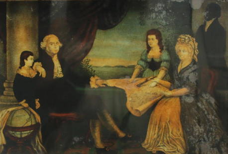 MEZZO TINT OF GEORGE WASHINGTON: MEZZO TIT OF GEORGE WASHING AND FAMILY AFTER EDWARD SAVAGE - IN WALNUT FRAME 12" X 9"