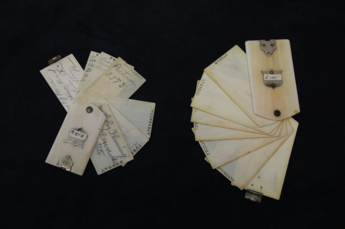 CIVIL WAR ERA CARVED BONE DAILY CALENDARS: GERMAN SILVER MOUNTS - MONDAY THRU SUNDAY 2 3/8" AND 3 1/8"