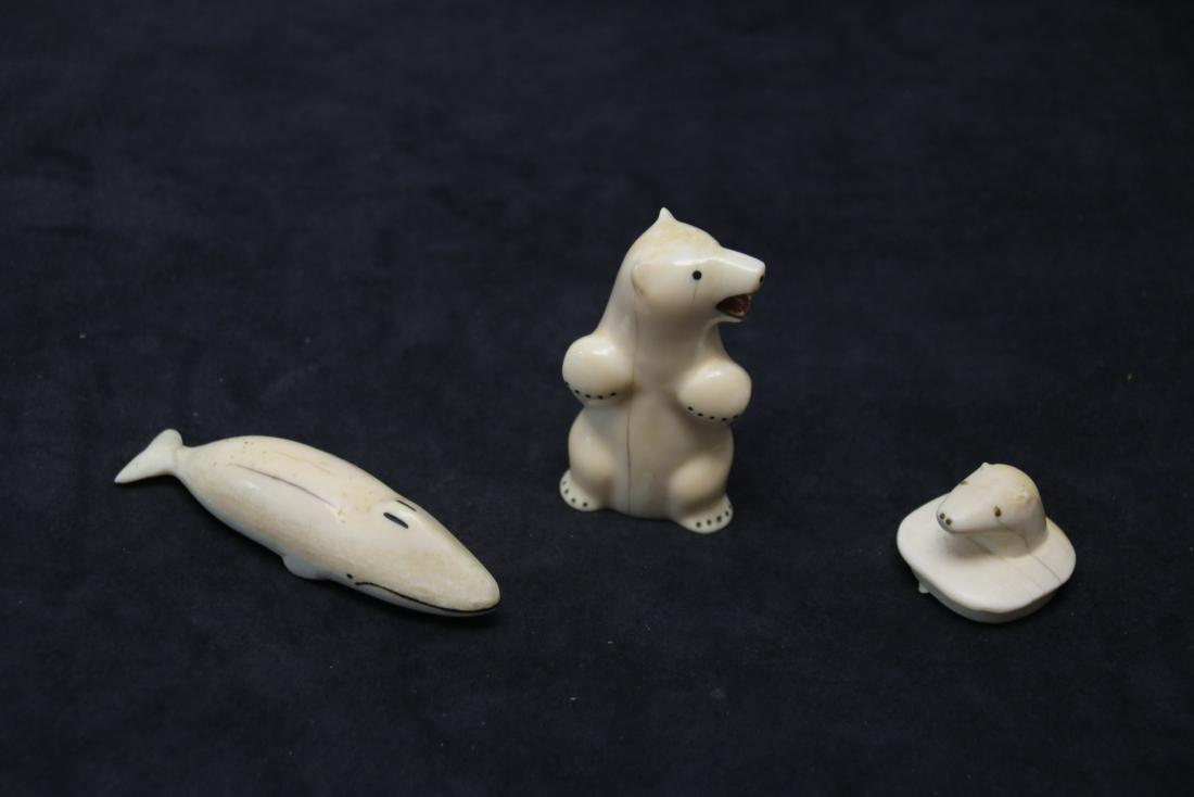 GROUP LOT OF CARVED BONE FIGURES: POLAR BEAR, BEAR HEAD, AND WHALE BEAR HEAD 1" - BEAR 2 1/2" - WHALE 3 1/4"