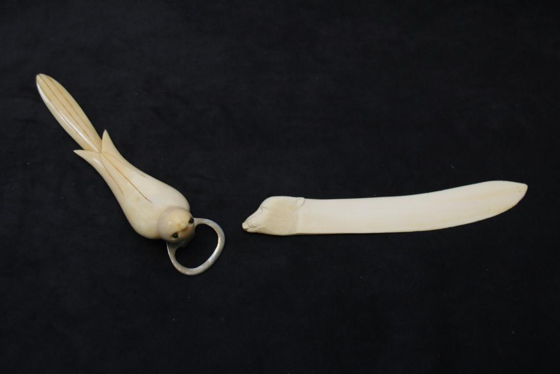 GROUP LOT OF CARVED BONE ITEMS: BIRD BOTTLE OPENER AND BORE LETTER OPENER 6 1/2" AND 7"