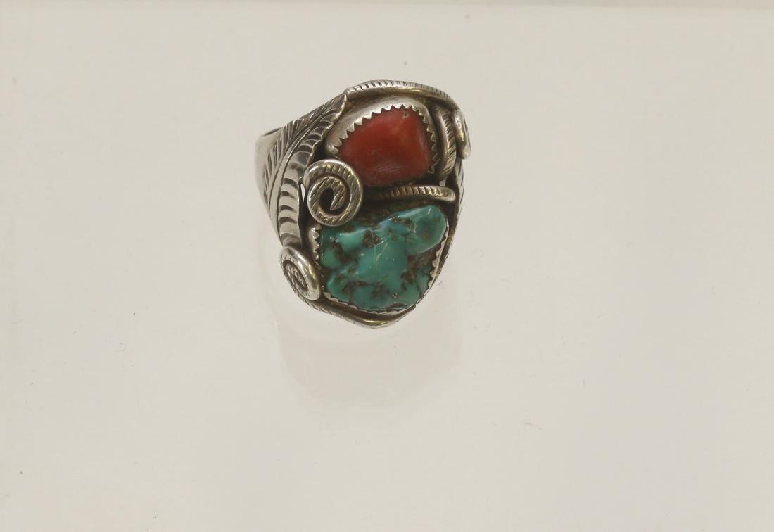 NATIVE AMERICAN STERLING RING: HAND WROUGHT WITH FEATHER DESIGN - TURQUOISE AND CARNELIAN - SIGNED "J.V.B" - .53 OZT