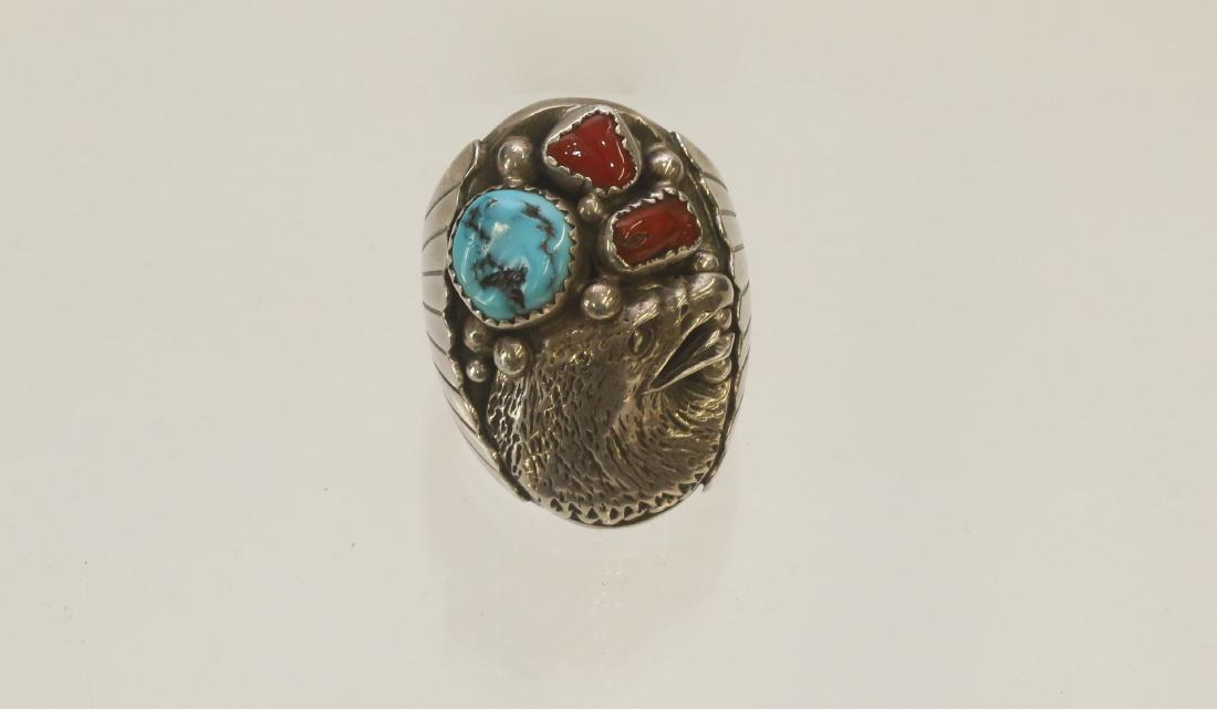 NATIVE AMERICAN STERLING RING: HAND WROUGHT WITH EAGLE, TURQUOISE, AND CARNELIAN - SIGNED "N.J" - 1.09 OZT