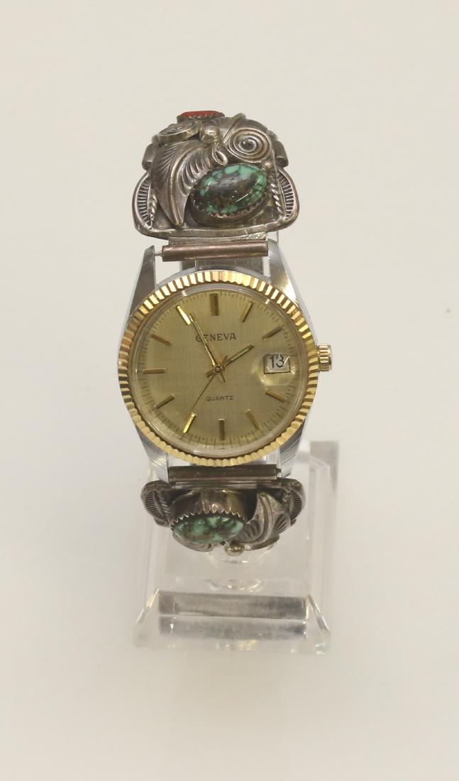 NATIVE AMERICAN WATCH BAND: HAND WROUGHT WITH FEATHER DESIGN - TURQUOISE AND CARNELIAN - WITH QUALITY WATCH