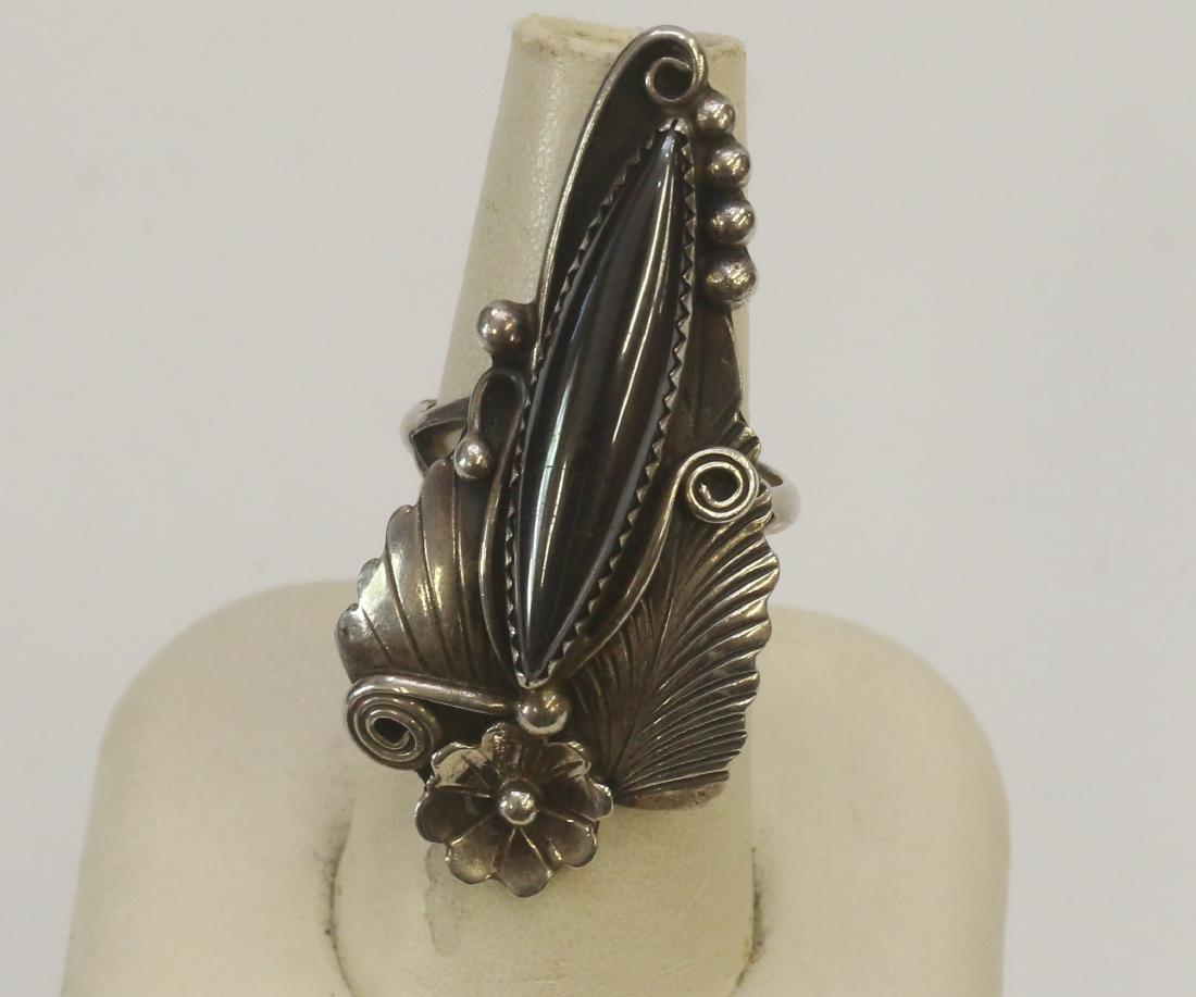 NATIVE AMERICAN STERLING RING: LONG OVAL HEMATITE - HAND WROUGHT STERLING