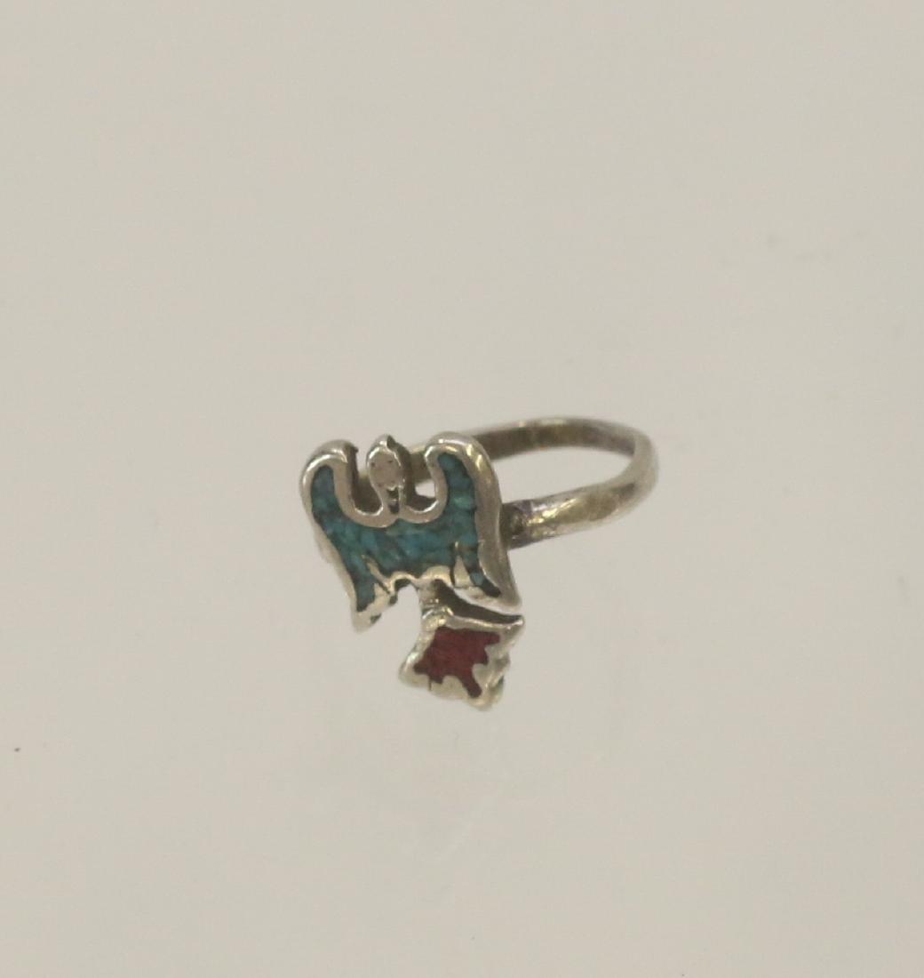 STERLING SILVER RING: INLAID TURQUOISE AND CARNELIAN