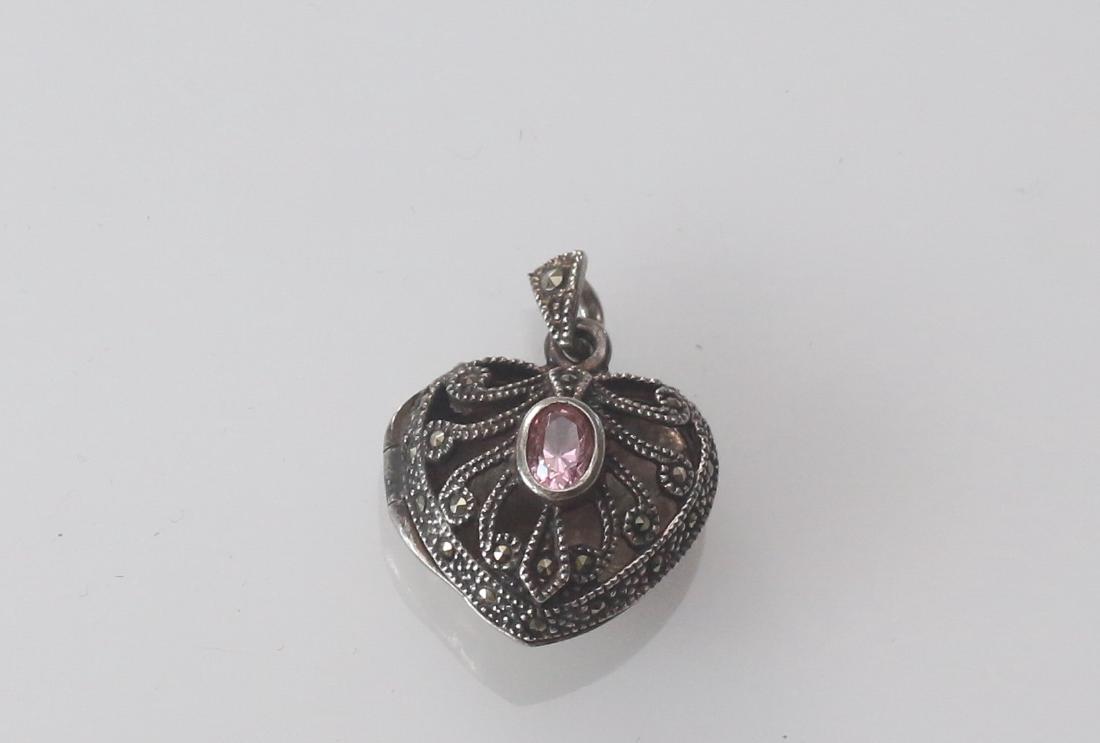 MARCOSITE AND STERLING SILVER HEART LOCKET: PERFUME LOCKET WITH PINK STONE