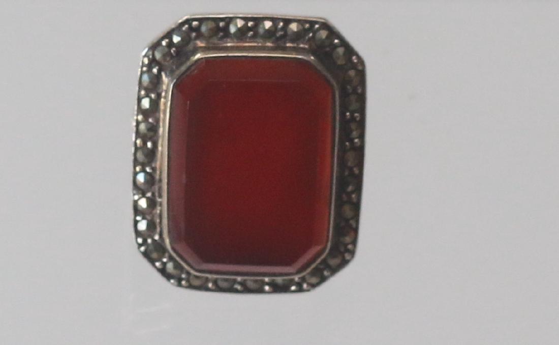 MARCOSITE AND STERLING SILVER RING: LARGE RECTANGLE CARNELIAN - SIGNED - .925