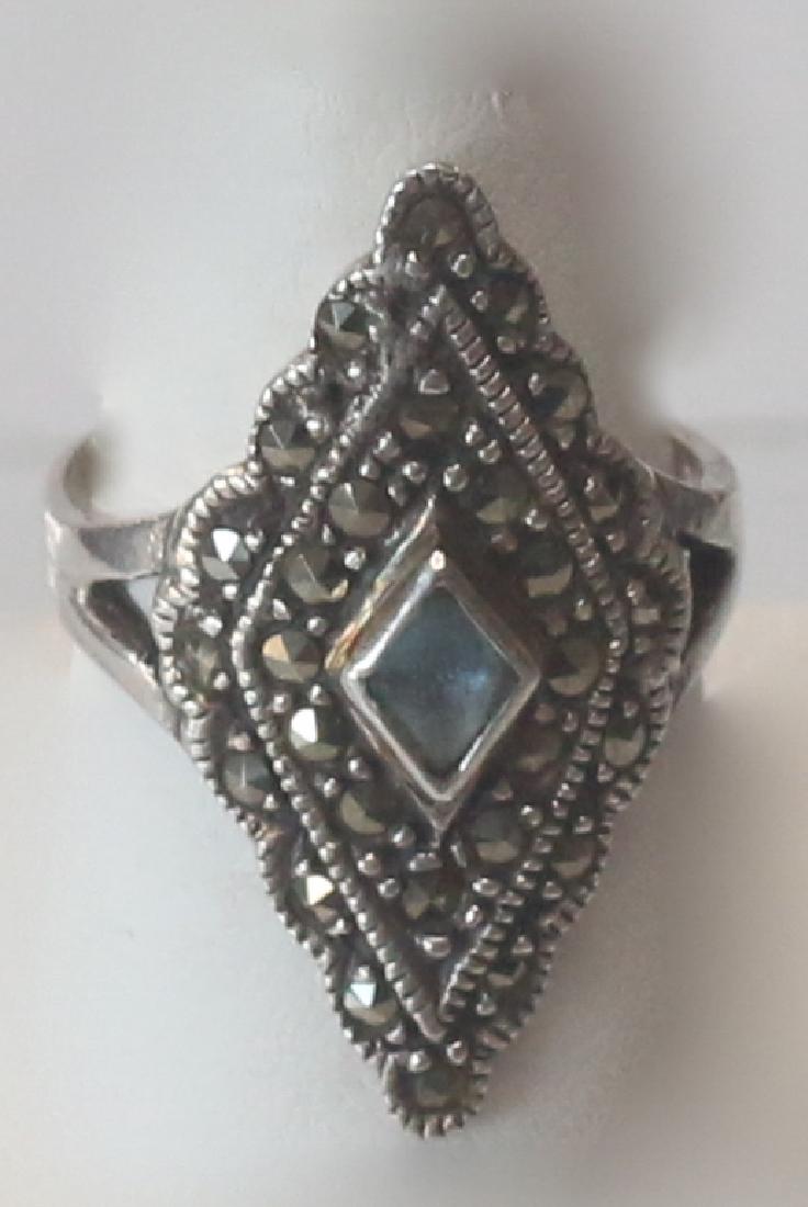 MARCOSITE AND STERLING SILVER RING: DIAMOND FORM WITH BLUE STONE - .925