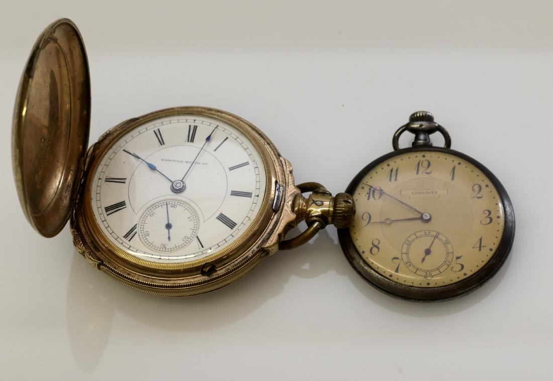 (2) POCKET WATCHES: LONGINES GUN METAL CASE - HAMPDEN / AMERICAN WATCH