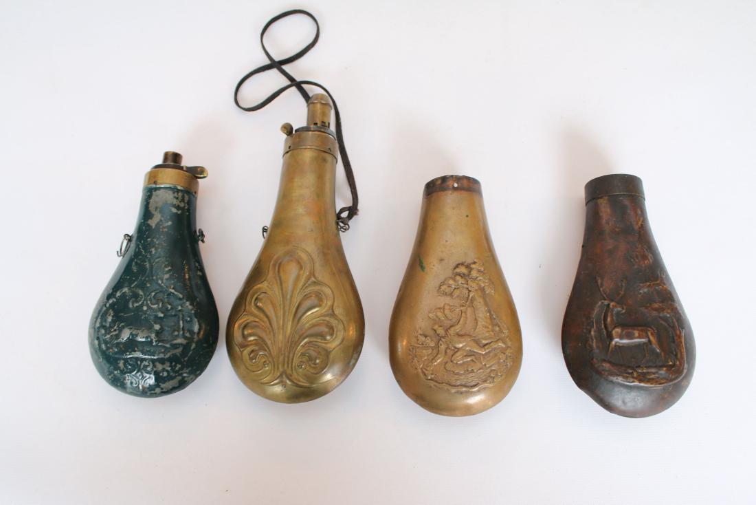 ANTIQUE POWDER FLASK LOT: ANTIQUE POWDER FLASK LOT 4 LOTS