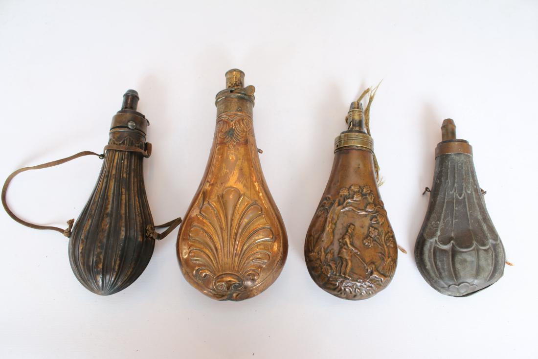 ANTIQUE POWDER FLASK LOT: ANTIQUE POWDER FLASK LOT 4 LOTS