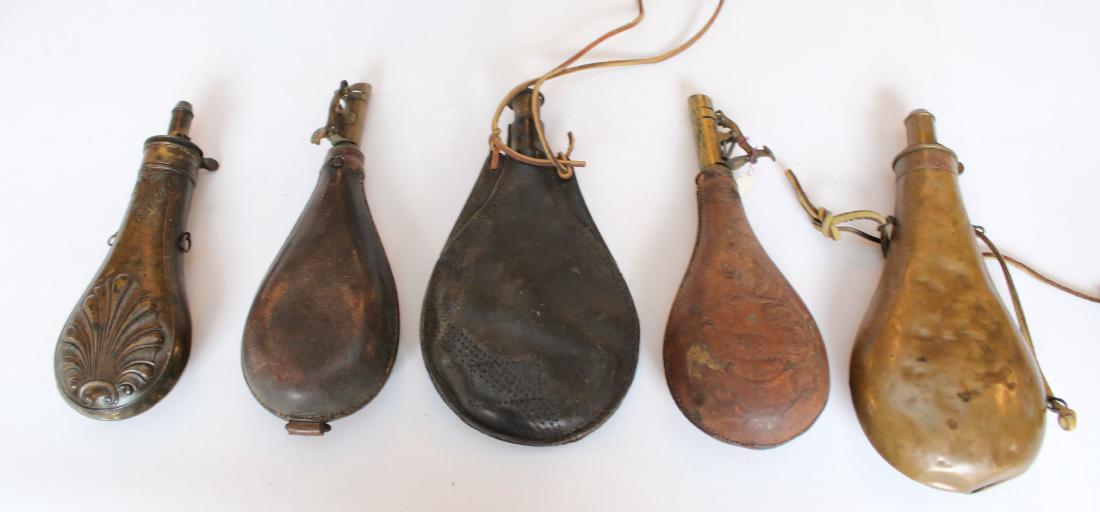 ANTIQUE POWDER FLASK LOT: ANTIQUE POWDER FLASK LOT 5 LOTS