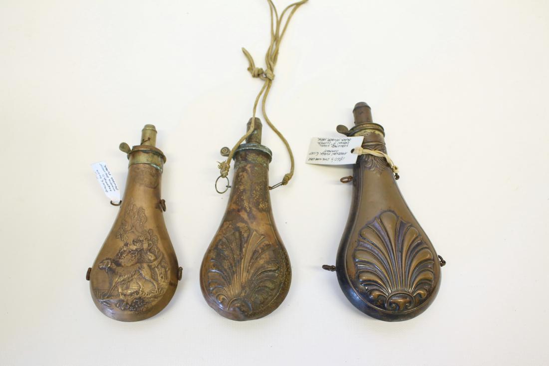 ANTIQUE POWDER FLASK LOT: ANTIQUE POWDER FLASK LOT (3) POWDER FLASKS