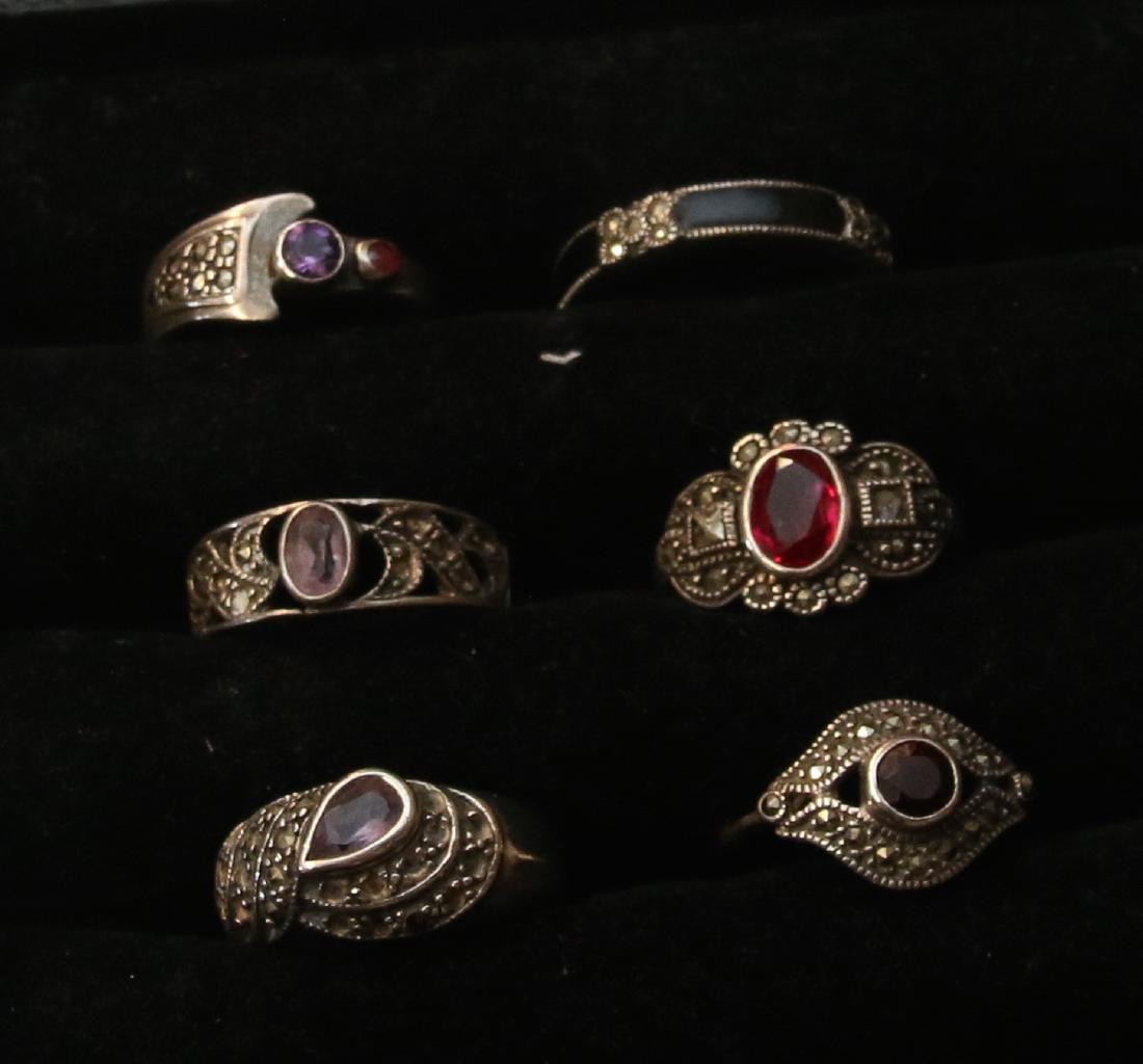 (6) STERLING AND MARCASITE RINGS: WITH OTHER STONES Dimensions: SIZES 7 TO 9