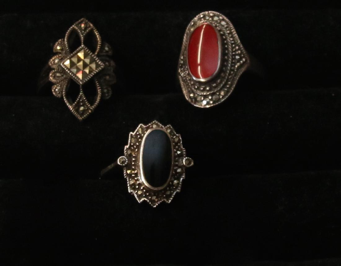 (3) STERLING AND MARCASITE RINGS: WITH VARIOUS STONES Dimensions: SIZES 8 TO 10
