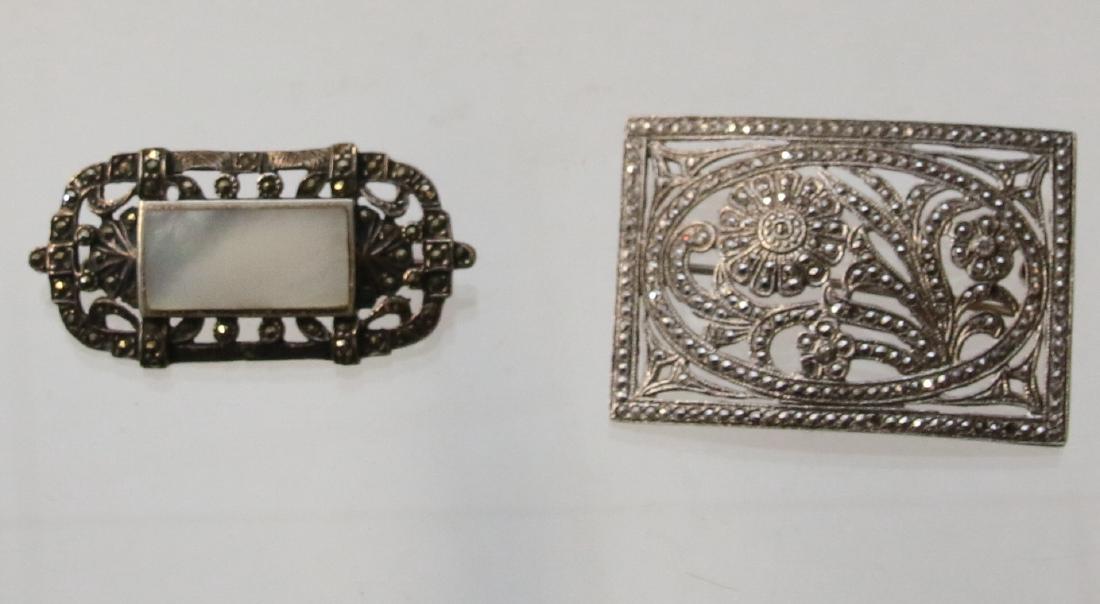 (2) STERLING AND MARCASITE BROOCHES: RECTANGLE AND MOTHER OF PEARL Dimensions: 1.6" X 1.1"