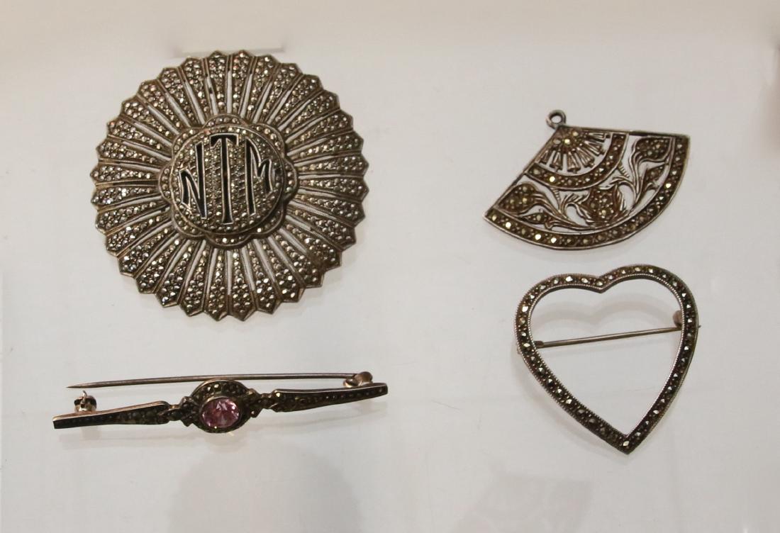 (4) STERLING AND MARCASITE ITEMS: MONO BROOCH AND HEART & BAR PIN - 1.1 OZT Dimensions: 1 3/4" LARGEST DIAMETER